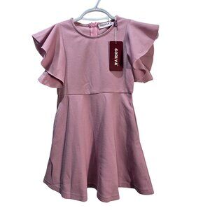 NWT Girl's Rose Pink Textured Knit Tiered Flutter Sleeve Ruffle A-Line Dress 4T